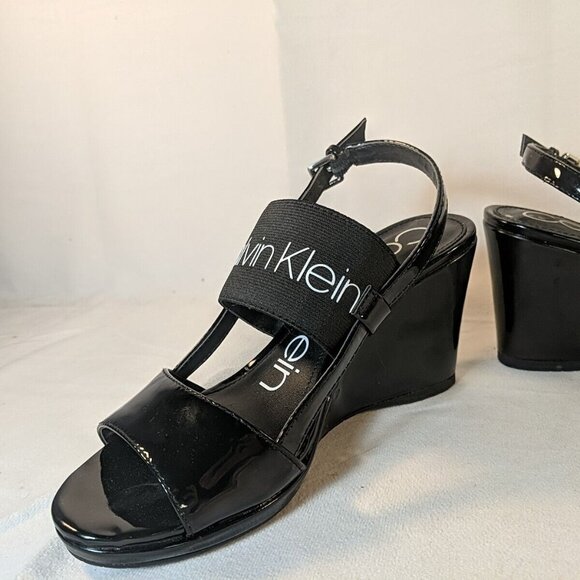 Calvin Klein BETHAN Black Strap Logo Heels 7.5 Black Wedge Patent 34E09131 Sling - Picture 7 of 12